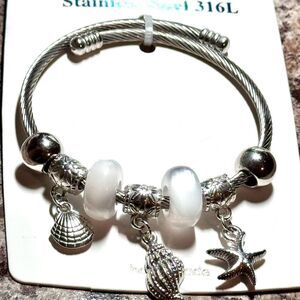 Mint Silver Stainless Steel Bracelet with White Beads and Seashell Charms